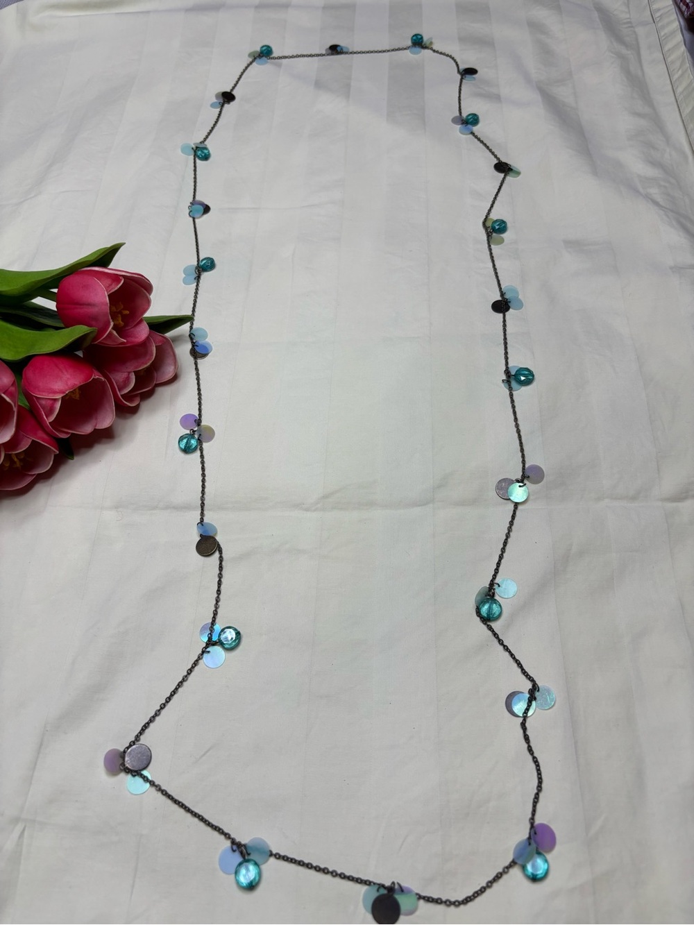 Iridescent Sequined Long
Station Necklace - Aqua &
Bronze